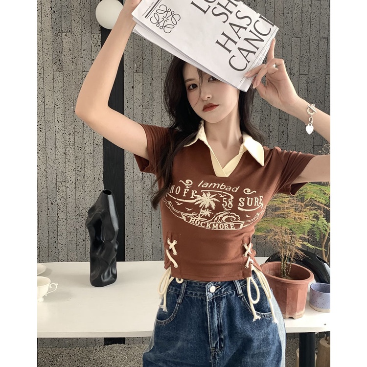 Áo Thun cotton Tay Ngắn Cổ polo In Họa Tiết LALISAS Phong Cách retro Mỹ