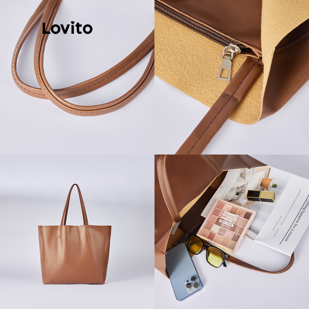 Lovito Túi Tote Da Pu Mềm Chất Lượng Cao Thiết Kế Đơn Giản Thanh Lịch L38BA01 (Nâu / Đen / Trắng)