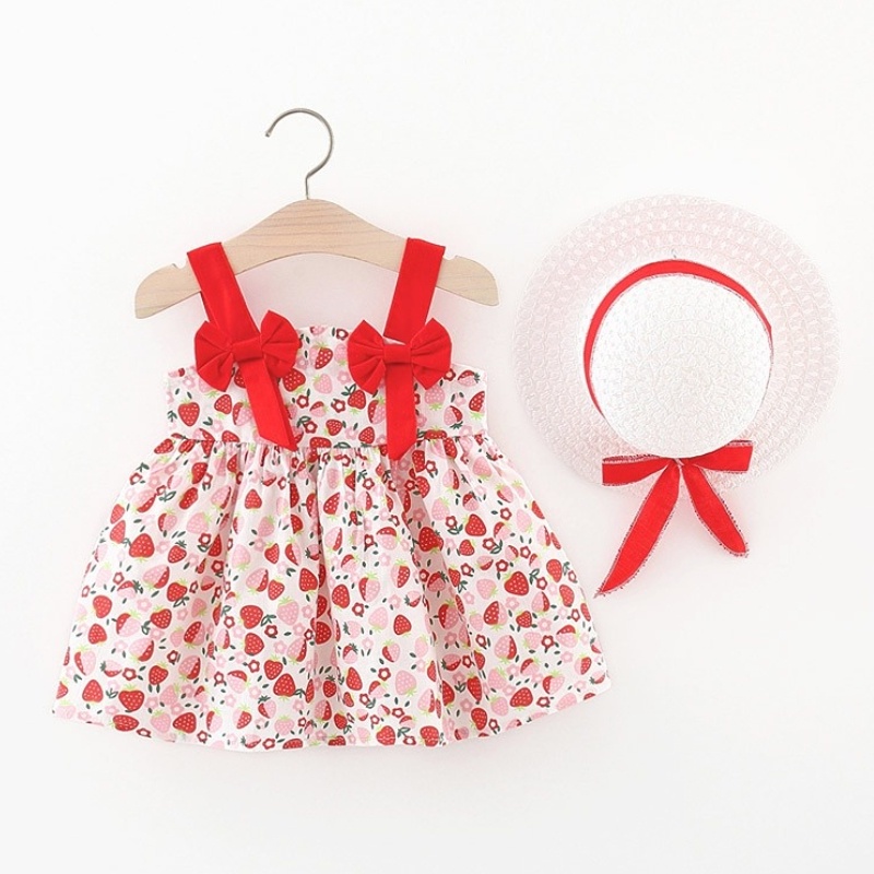 Đầm Hai Dây Cotton Họa Tiết Dâu Tây Đính Nơ Thời Trang Mùa Hè 2023 Cho Bé Gái