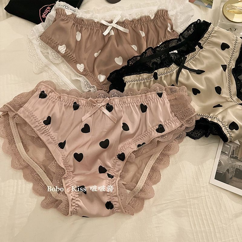 Bộ 3 Quần Lót Cotton Lụa Phối Ren Lưng Thấp Thoáng Khí Màu Đen Thời Trang Mùa Đông Quyến Rũ Cho Nữ