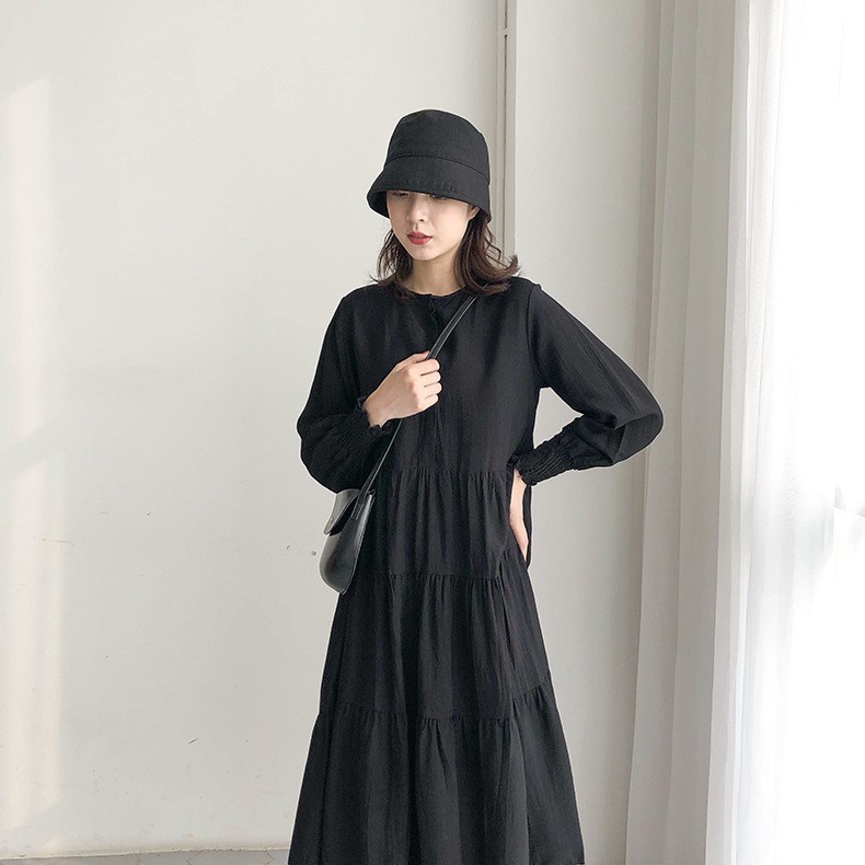 Đầm Đen Tay Dài Dáng Rộng Phong Cách Retro Pháp Thời Trang Mùa Xuân 2023 Cho Nữ