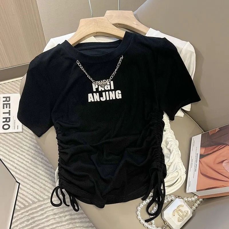 Áo Thun Tay Ngắn Cổ Tròn In Chữ Phối Dây Rút Thời Trang Mùa Hè Cho Nữ