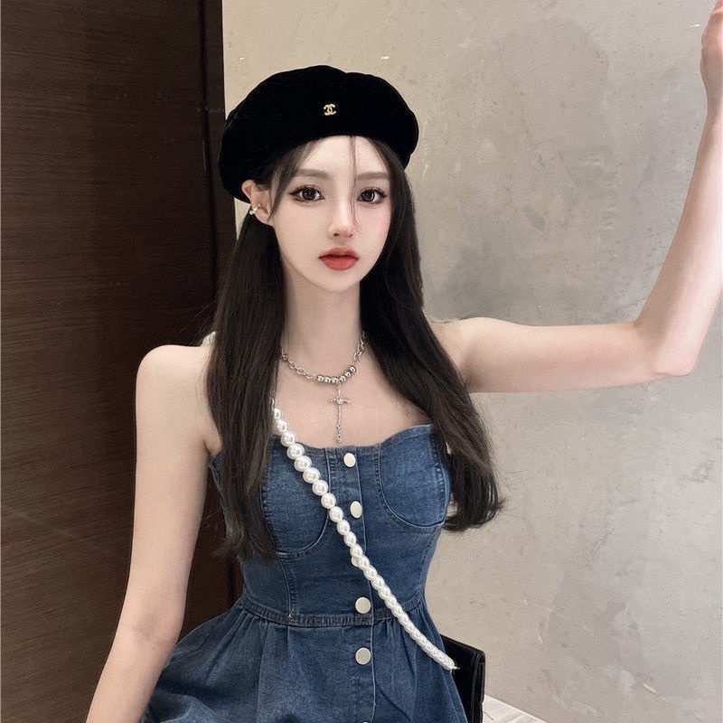 Đầm Denim Dáng Ôm Hở Vai Phong Cách Retro Thời Trang Mùa Hè Dành Cho Nữ