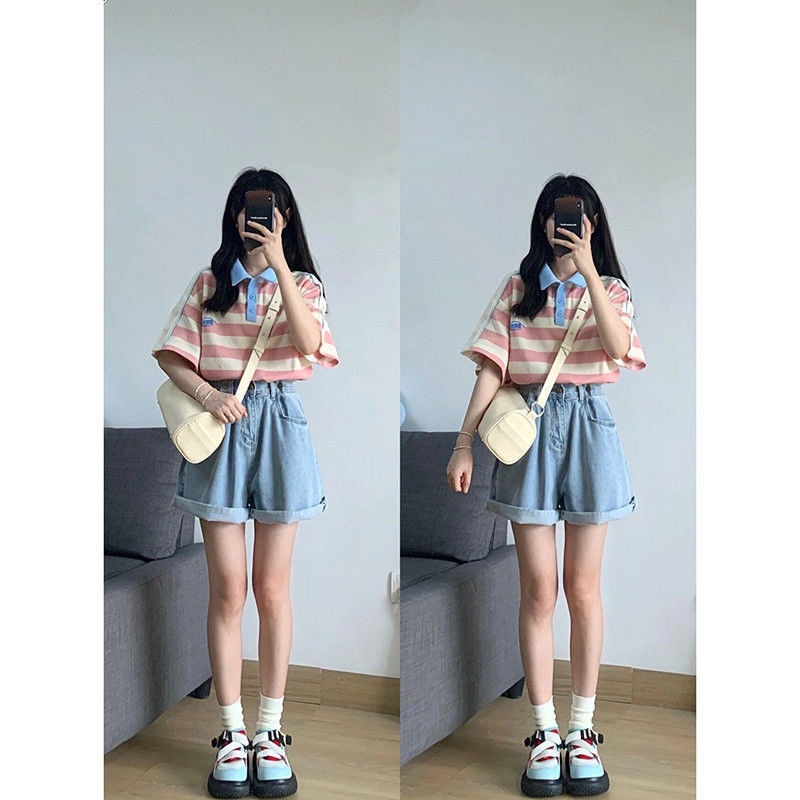 Set Áo Thun POLO Tay Ngắn Và Quần Short Họa Tiết Kẻ Sọc Phong Cách Preppy Thời Trang Mùa Hè 2023 Mới