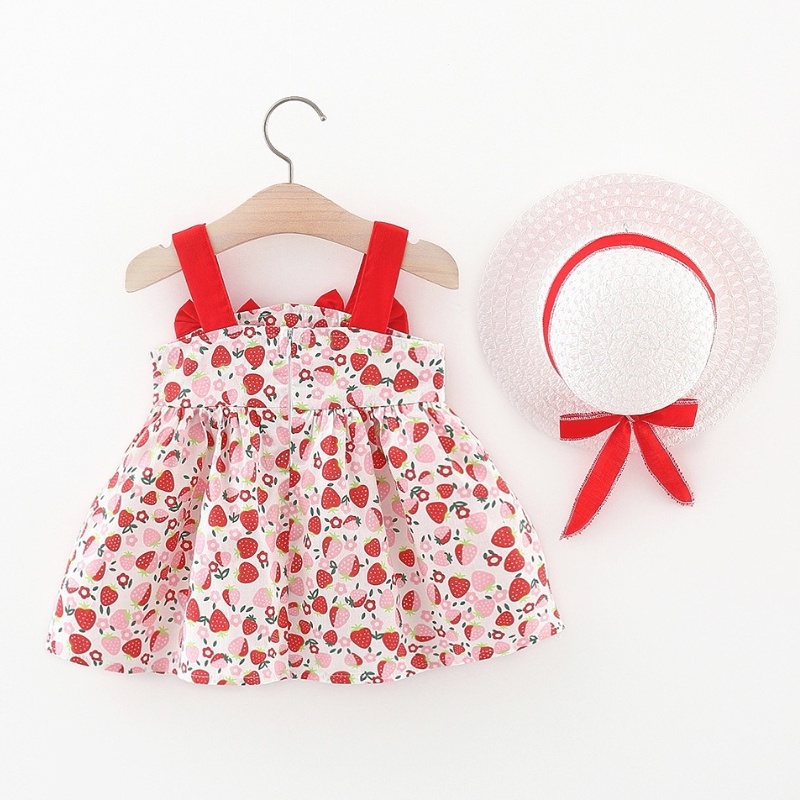 Đầm Hai Dây Cotton Họa Tiết Dâu Tây Đính Nơ Thời Trang Mùa Hè 2023 Cho Bé Gái