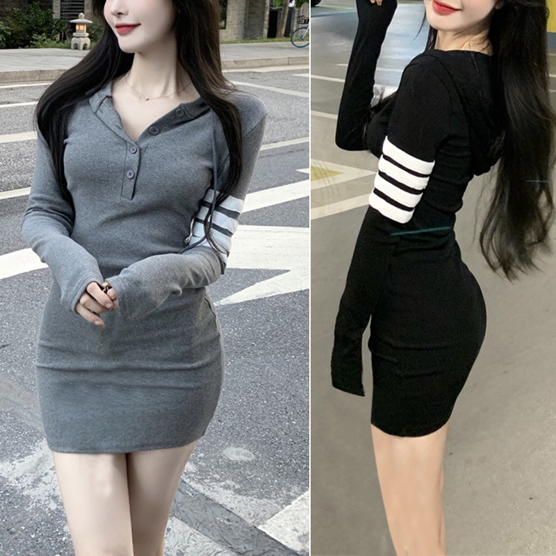 Đầm Nữ Dáng Ôm Tay Dài Cổ Bẻ Co Giãn In Kẻ Sọc Thanh Lịch CY03