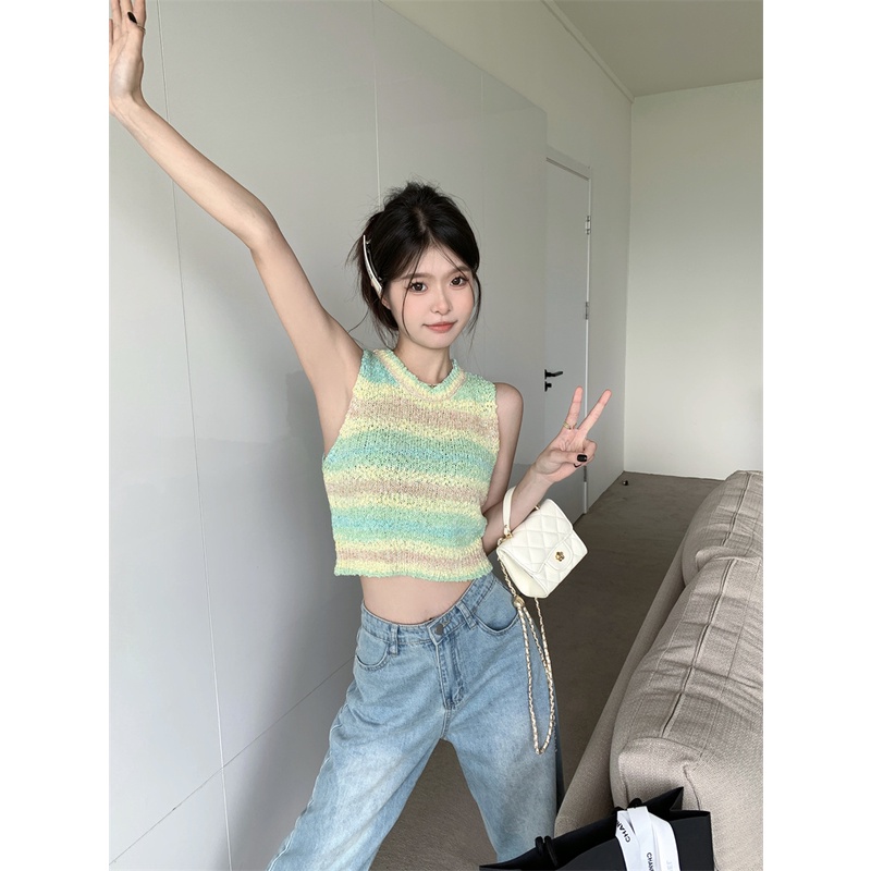 Áo Tank Top Dệt Kim Sát Nách Cổ Tròn Họa Tiết Kẻ Sọc Màu Cầu Vồng Thời Trang Mùa Hè Phong Cách Hàn Quốc【SY-6-005】