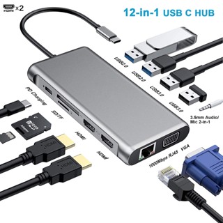 Hub Chuyển Đổi 12 Trong 1 USB Type C Sang 2 HDMI 4K VGA RJ45 Lan Ethernet SD TF PD 3.5mm Cho MacBook Pro OTG
