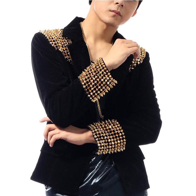 Áo Khoác Blazer Nhung Đen Đính Đinh Tán Phong Cách Punk Rock 2023 Cho Nam