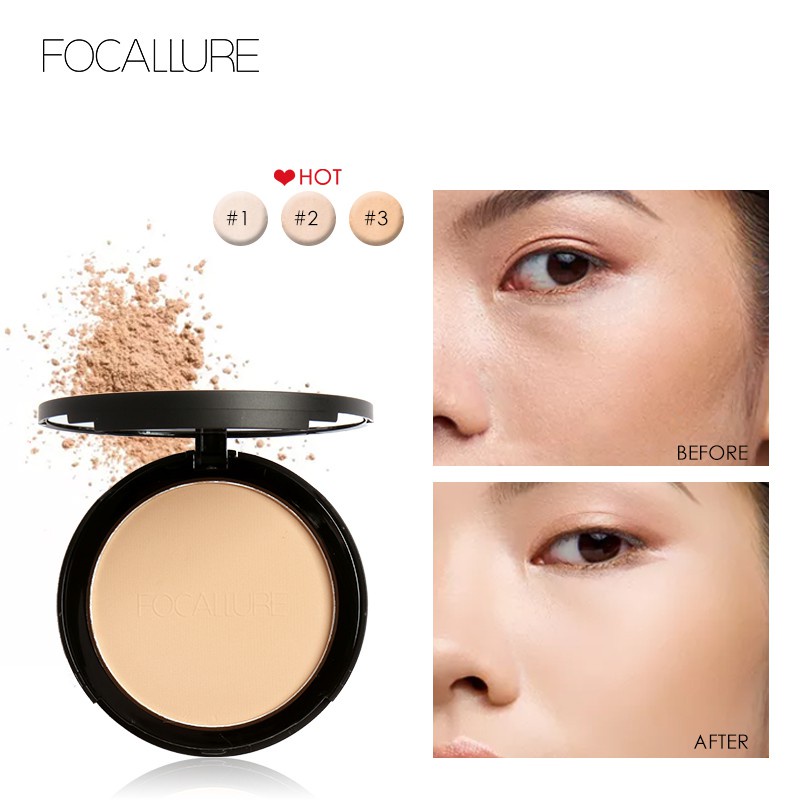 Phấn phủ dạng nén trang điểm FOCALLURE 3 màu tùy chọn kèm bông trang điểm 70g/1 hộp