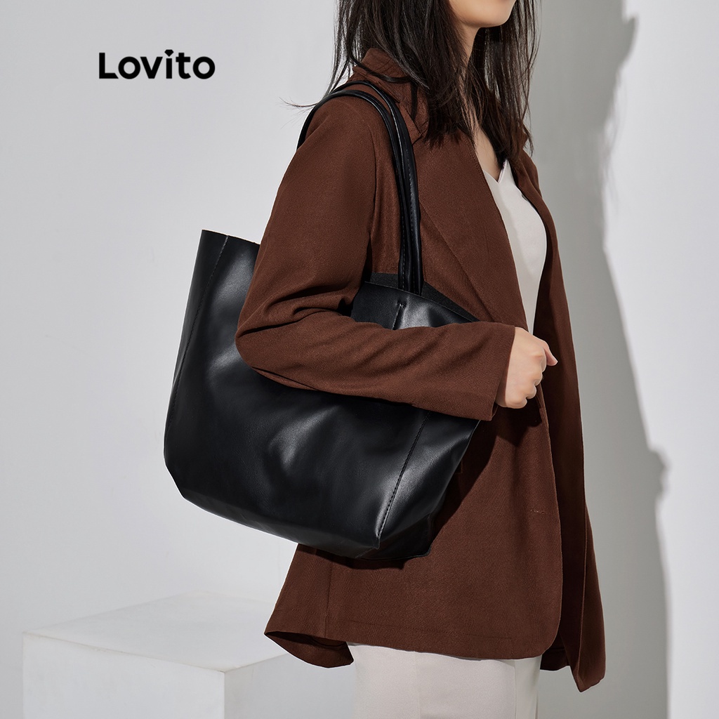 Lovito Túi Tote Da Pu Mềm Chất Lượng Cao Thiết Kế Đơn Giản Thanh Lịch L38BA01 (Nâu / Đen / Trắng)