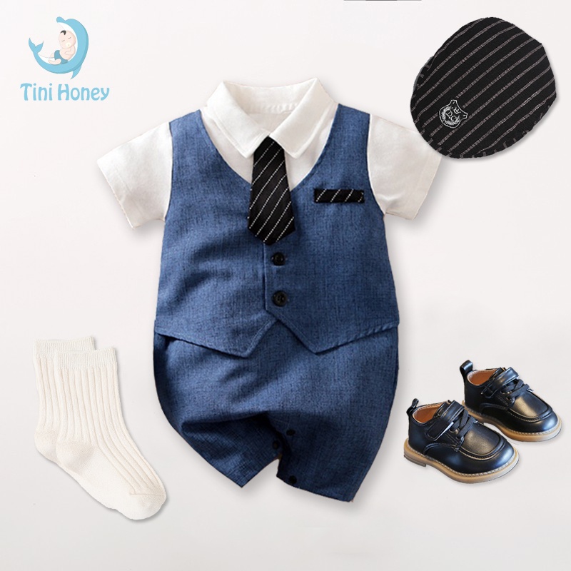 Bộ Áo Liền Quần 100% cotton Kèm Cà Vạt Thanh Lịch Dành Cho Bé Trai