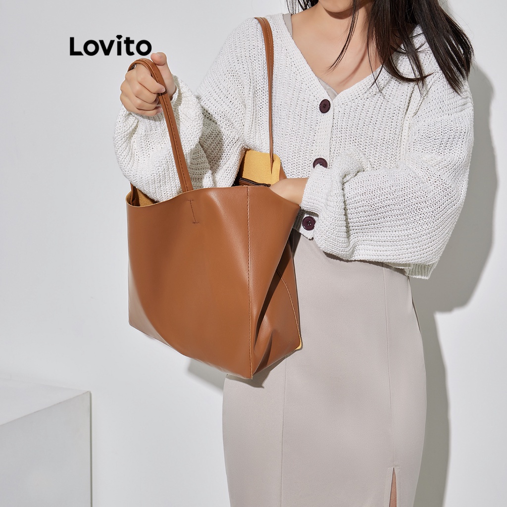 Lovito Túi Tote Da Pu Mềm Chất Lượng Cao Thiết Kế Đơn Giản Thanh Lịch L38BA01 (Nâu / Đen / Trắng)