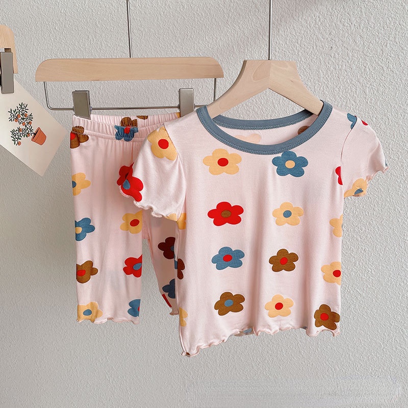 Sun baby Bộ Đồ Ngủ Ngắn Tay Vải Lụa Mỏng In Hoa Dễ Thương Thời Trang Mùa Hè 2023 Cho Bạn Gái