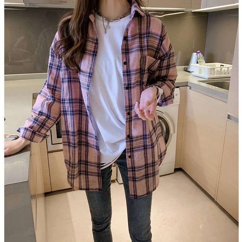 Áo Sơ Mi Caro Tay Dài Dáng Rộng Phong Cách Hàn Quốc Thời Trang Mùa Xuân Mới 2023
