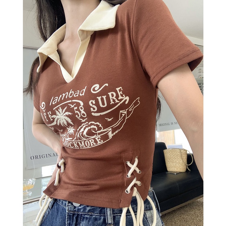 Áo Thun cotton Tay Ngắn Cổ polo In Họa Tiết LALISAS Phong Cách retro Mỹ