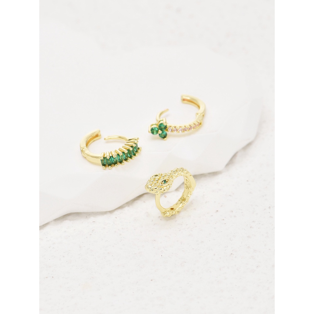 Bộ 3 Bông Tai Mạ Vàng 14k Hình Rắn Đính Đá Zircon Thời Trang Cho Nữ