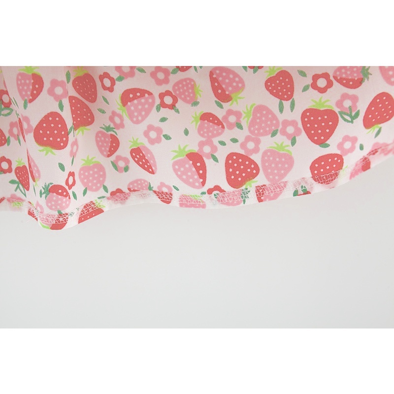 Đầm Hai Dây Cotton Họa Tiết Dâu Tây Đính Nơ Thời Trang Mùa Hè 2023 Cho Bé Gái