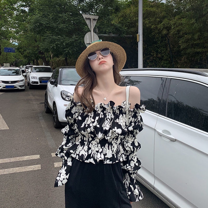 Áo Sơ Mi Chiffon Hở Vai Họa Tiết Hoa Màu Trắng Đen Phong Cách Hàn Quốc Cổ Điển Thời Trang 2023 Dành Cho Bạn Nữ