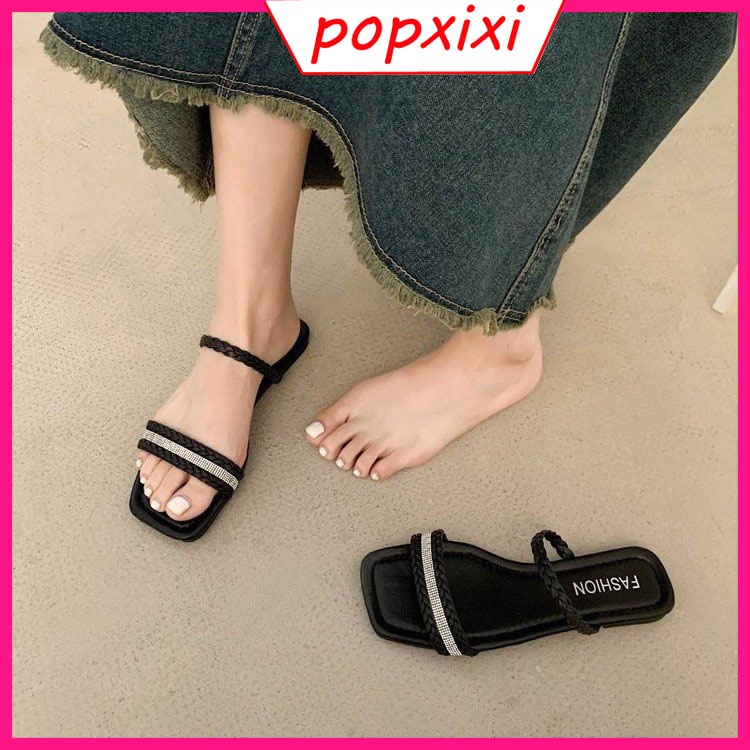 ❤❤❤Dép Sandal Đế Bằng Mũi Vuông Đính Đá Thiết Kế Đơn Giản Thời Trang Hàn Quốc Cho Nữ