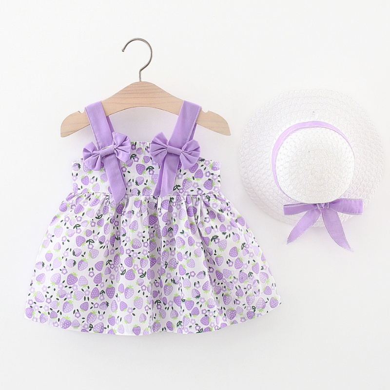 Đầm Hai Dây Cotton Họa Tiết Dâu Tây Đính Nơ Thời Trang Mùa Hè 2023 Cho Bé Gái