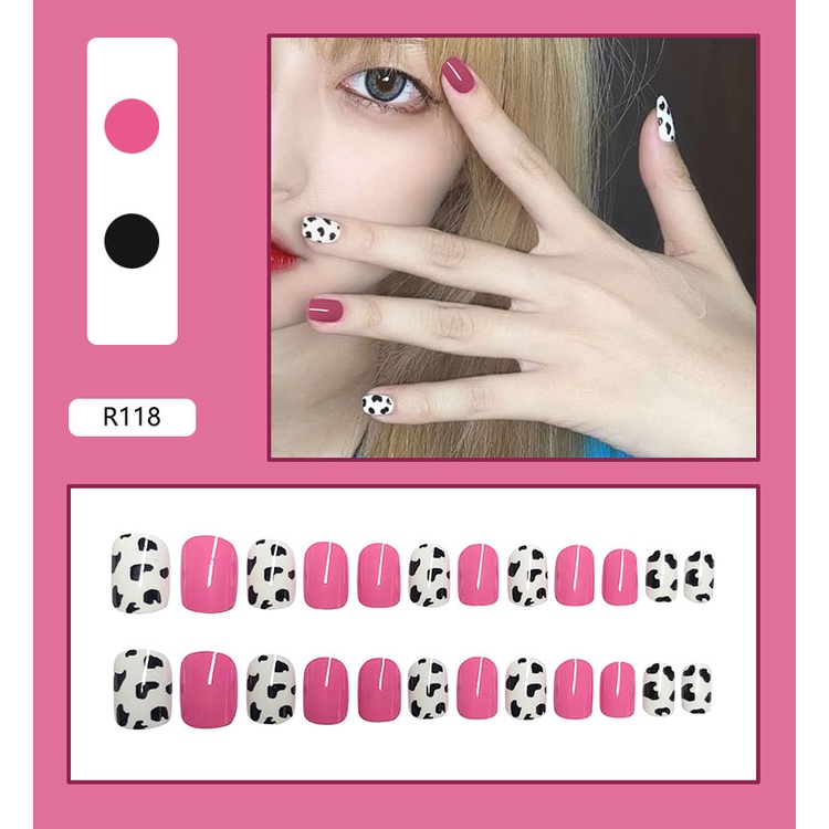 Bộ 24 Móng Tay Giả Màu Đỏ Nhám Chống Nước In Họa Tiết Da Báo Dễ Thương Có Thể Tháo Rời Trang Trí Giáng Sinh