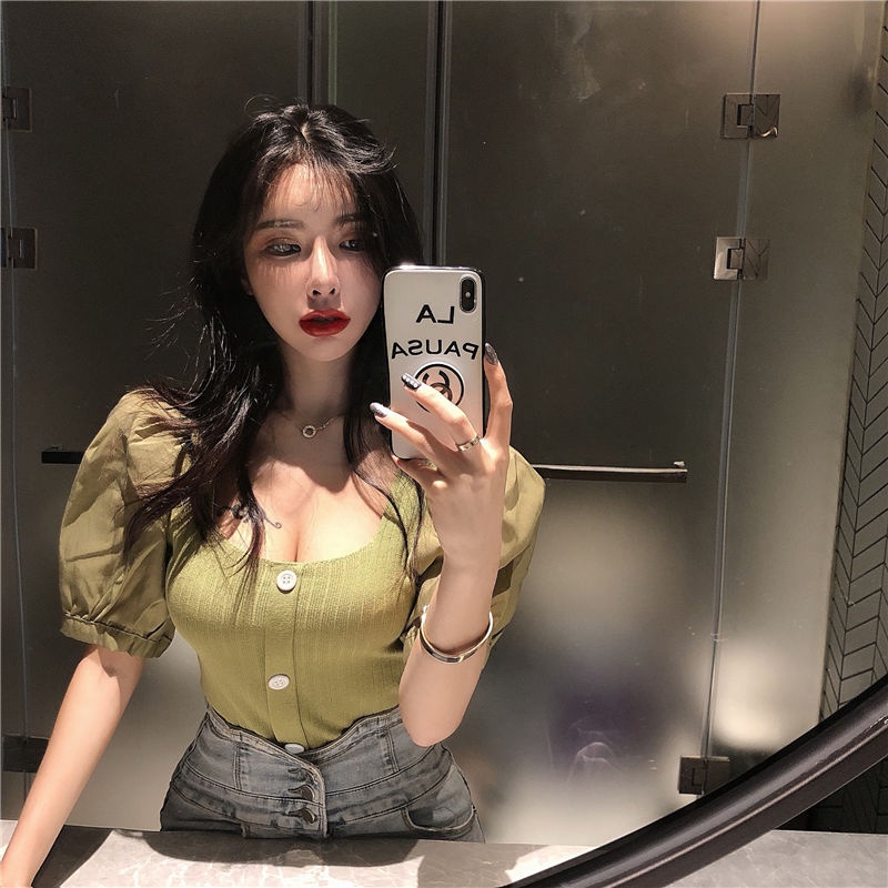 áo croptop dệt kim tay ngắn len trễ vai nữ cổ vuông dáng ôm thời trang mùa hè mới cho nữ