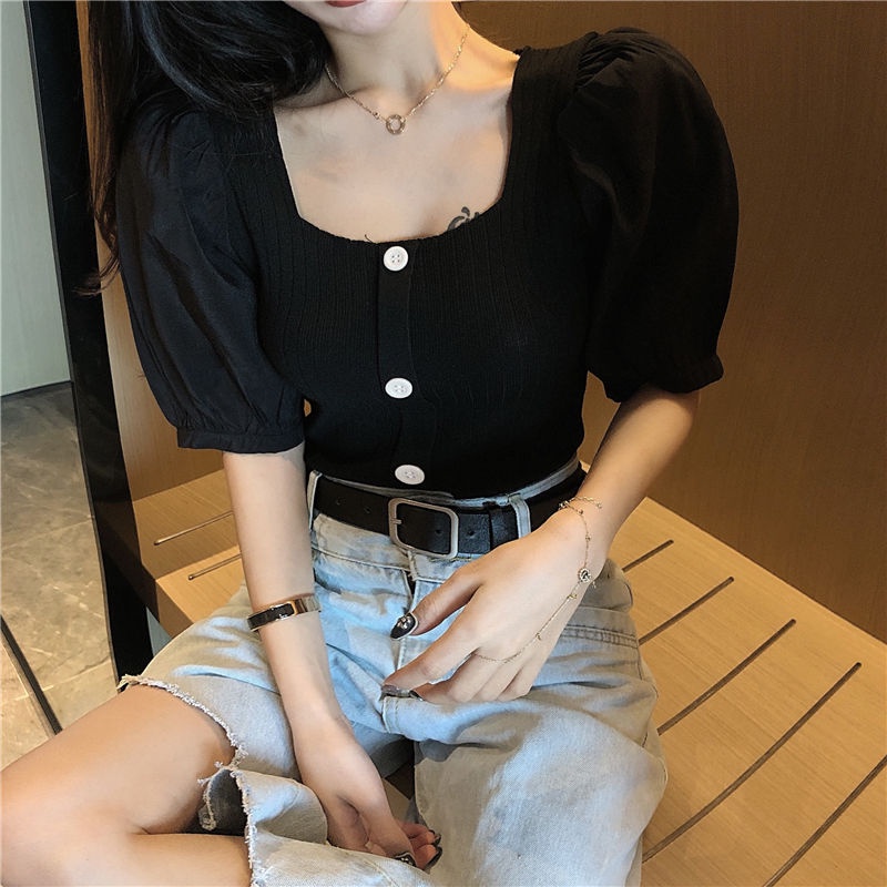áo croptop dệt kim tay ngắn len trễ vai nữ cổ vuông dáng ôm thời trang mùa hè mới cho nữ