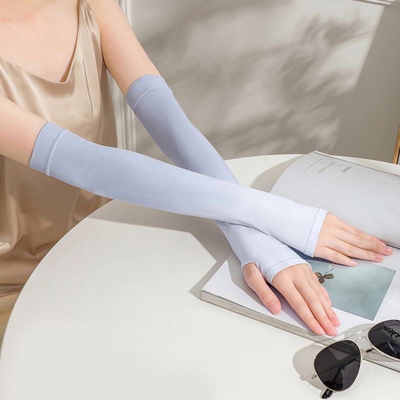 Găng Tay Dài Hở Ngón Vải Lạnh Co Giãn Màu Sắc Gradient Dành Cho Nữ