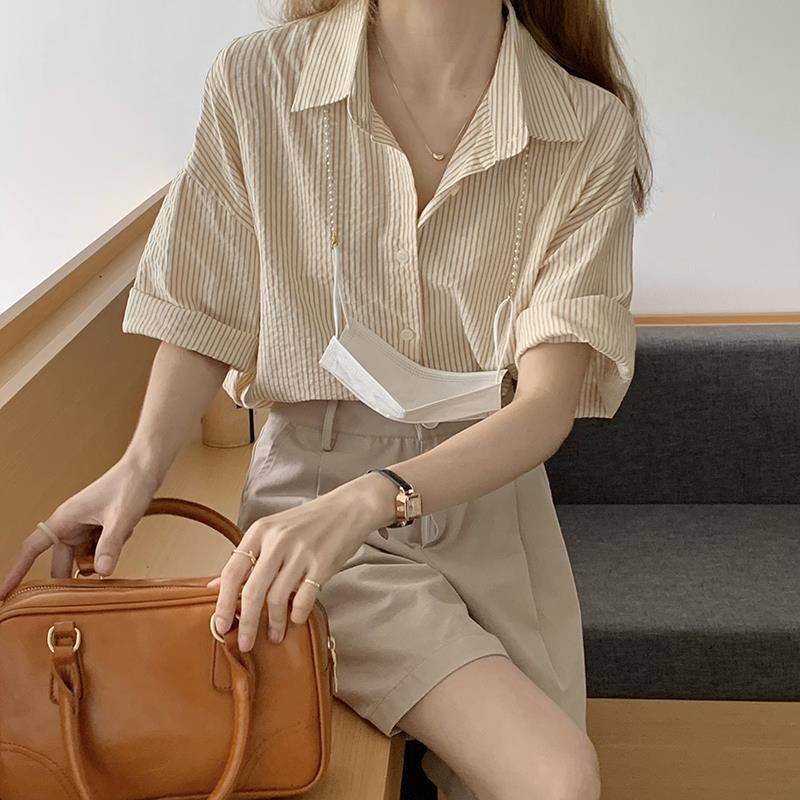 Áo Sơ Mi Chiffon Tay Ngắn Họa Tiết Kẻ Sọc Dọc Thời Trang Mùa Hè 2022 Mới Cho Nữ