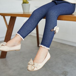 Quần Legging Vải Jean Phối Nhung Dày Đính Nơ Giữ Ấm Mùa Thu Đông Cho Bé Gái
