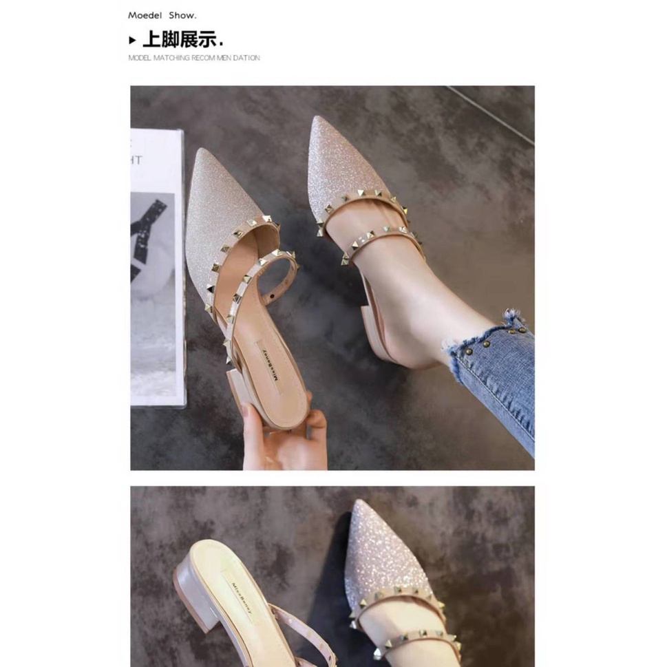 Dép Gót Thấp Mũi Nhọn Đính Đinh Tán Thời Trang Mùa Hè 2022 Cho Nữ