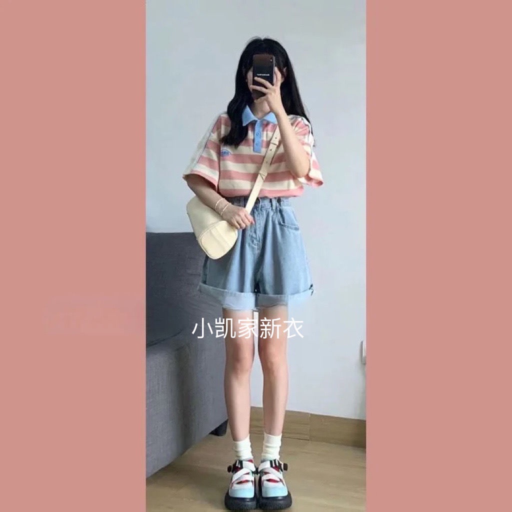 Set Áo Thun POLO Tay Ngắn Và Quần Short Họa Tiết Kẻ Sọc Phong Cách Preppy Thời Trang Mùa Hè 2023 Mới