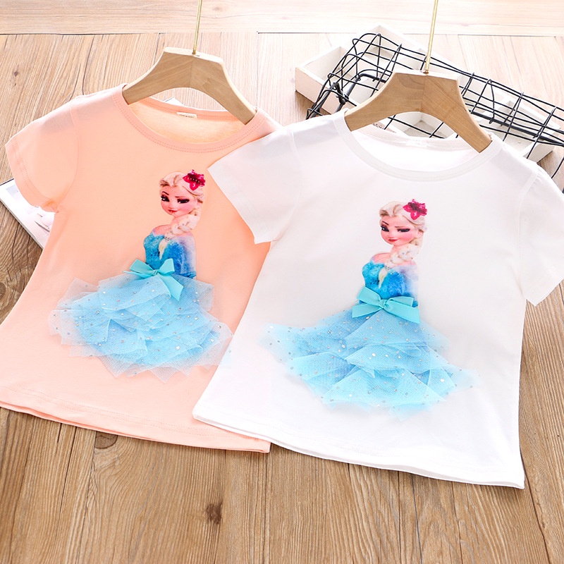 Sun baby Áo Thun Tay Ngắn In Hình Công Chúa Disney Thời Trang Mùa Hè Thoải Mái Cho Bé Gái 1-7 Tuổi