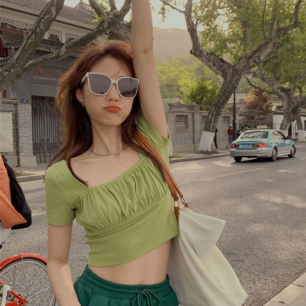 COZOK Áo Thun Lửng Ngắn Tay Cổ Vuông Thời Trang Nữ