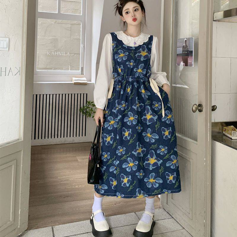 Bộ Áo Sơ Mi Cổ Búp Bê + Váy Denim Không Tay In Họa Tiết Thời Trang Thu Đông Kiểu Mới Cho Nữ