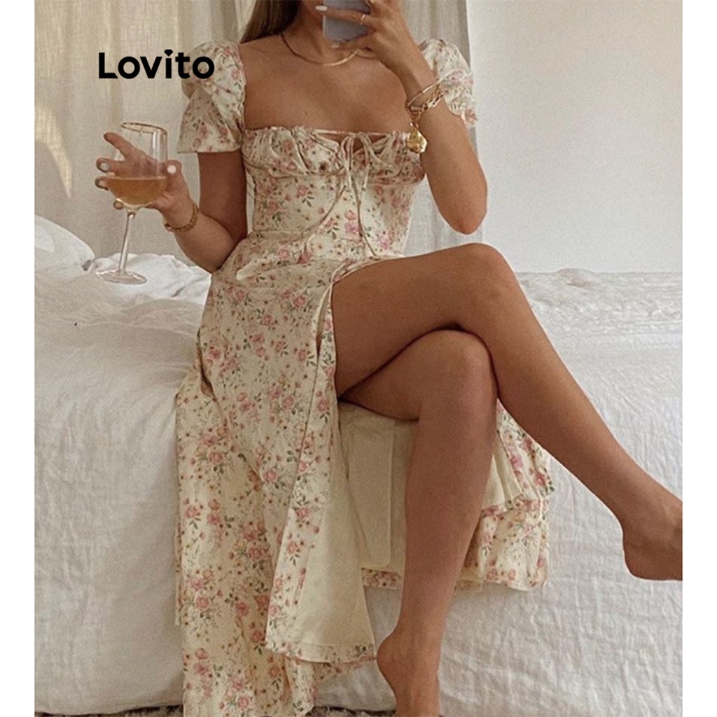 Đầm midi Lovito hở tay phồng phối ren họa tiết hoa Boho cho nữ LNL01074 (màu mơ/xanh lá)