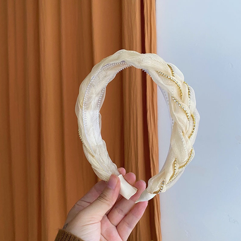 Băng Đô Dạng Xoắn Bản Rộng Bằng Vải Organza Đính Kim Cương Nhân Tạo Phong Cách Hàn Quốc