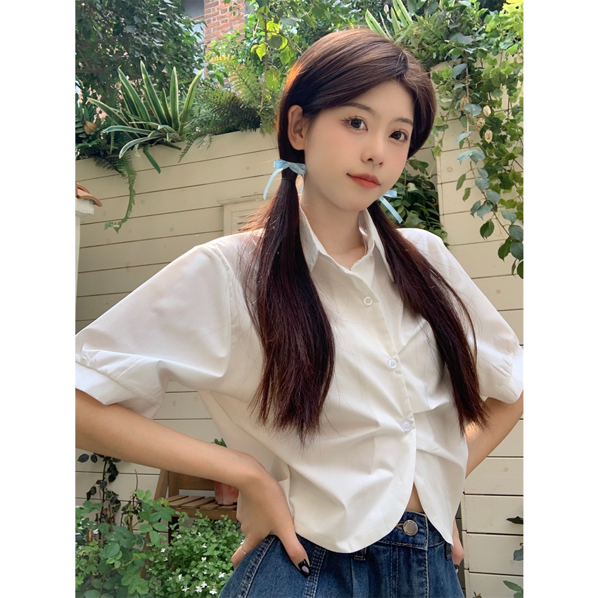 Áo Sơ Mi Tay Ngắn Màu Trắng Phong Cách Pháp Thanh Lịch Dành Cho Nữ