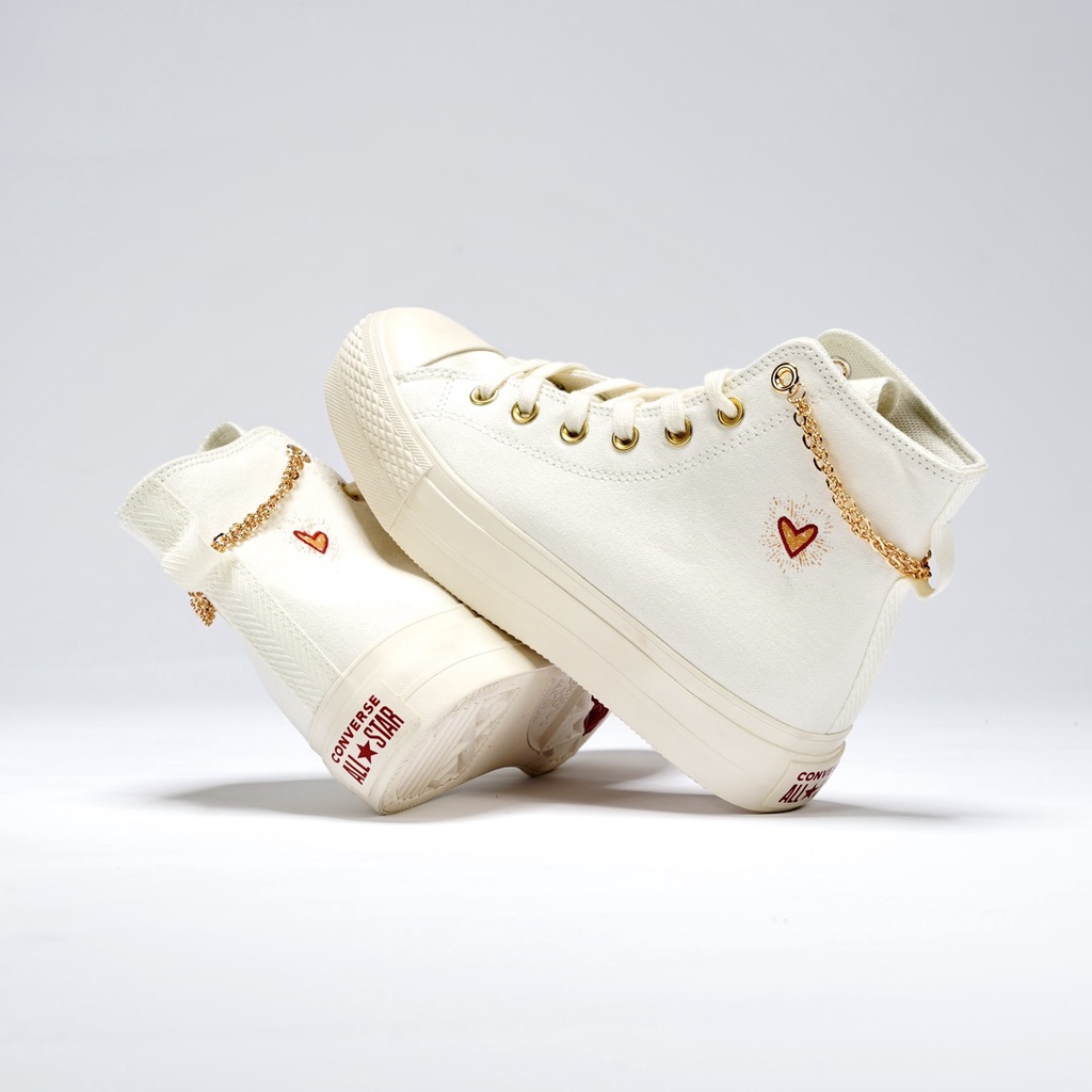 Giày Thể Thao Converse 2023-B106 Vải canvas Đế Dày Thêu Hình Trái Tim Phối Dây Xích Kim Loại Vàng Dễ Thương