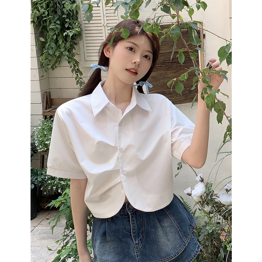 Áo Sơ Mi Tay Ngắn Màu Trắng Phong Cách Pháp Thanh Lịch Dành Cho Nữ