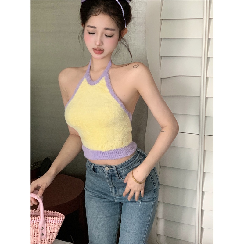 QADCOL Áo Không Tay Vải Lông Dạng Ngắn Hở Lưng Màu Sắc Tương Phản Thời Trang Xuân Hè Cho Nữ