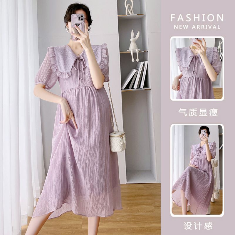 Hàng Mới Về Đầm Bầu Dáng Rộng Cổ Búp Bê Màu Tím Cao Cấp Phong Cách Pháp Thời Trang Mùa Hè Hàng Mới