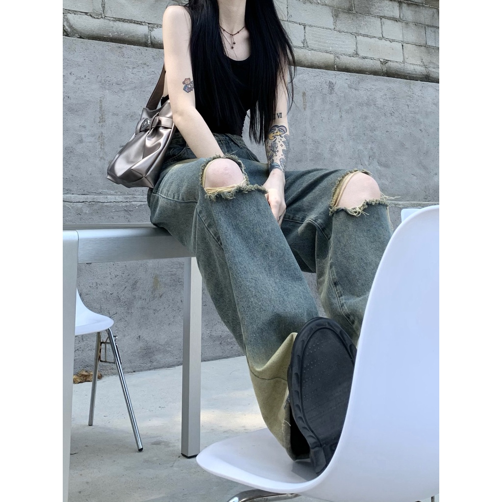 Quần Jean Ống Rộng Rách Gối Thời Trang Hàn Quốc