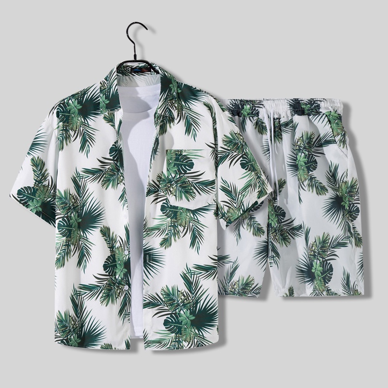 Bộ Áo Sơ Mi Tay Ngắn + Quần Lửng Dáng Rộng In Hoa Kiểu Hawaii Thời Trang Đi Biển Cho Các Cặp Đôi