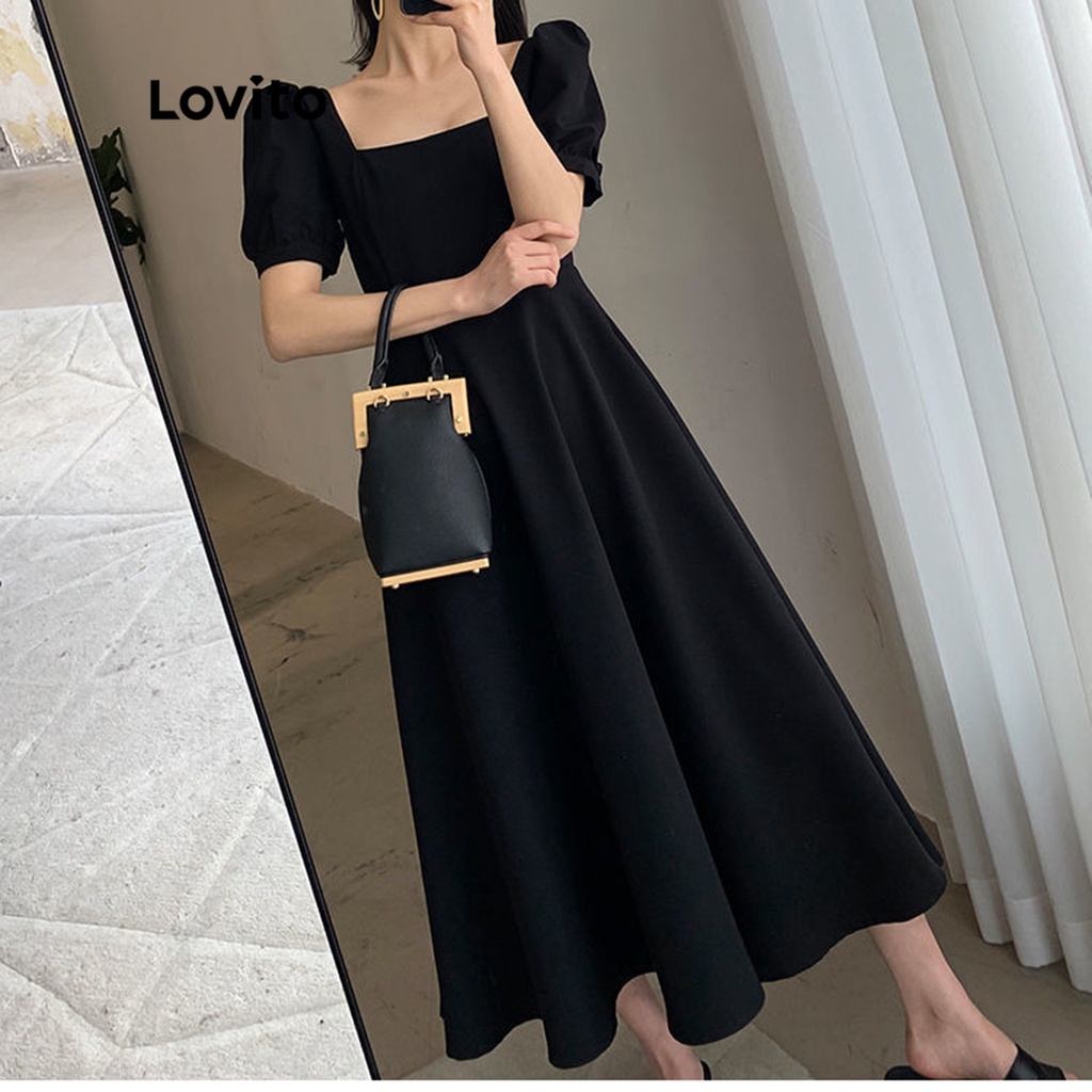 Đầm suông Lovito cổ vuông tay phồng thanh lịch cho nữ LNE01046 (màu đen)