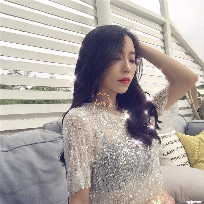 Áo Sơ Mi Chiffon Tay Ngắn Phối Lưới Đính Kim Sa Lấp Lánh Thời Trang Mùa Hè Hàn Quốc 2023