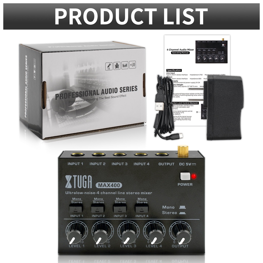 Máy Trộn Âm Thanh 4 Kênh Ít Ồn Thấp 4 Kênh 4 Đầu Vào DC 5V Nhỏ Gọn Tiện Dụng Cho Guitar Bass / Micro / Sân Khấu