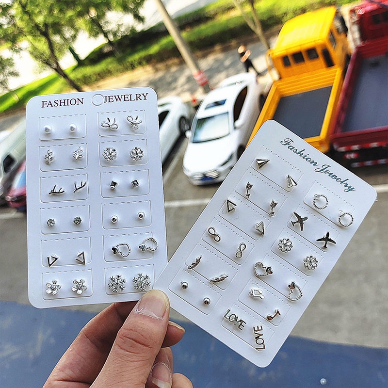 Bộ 12 Đôi Bông Tai Bạc Thiết Kế Đơn Giản Thời Trang