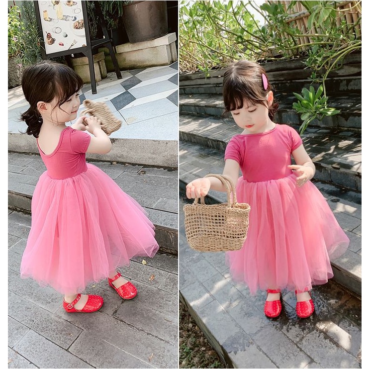 Đầm Lưới Tay Ngắn Màu Trơn Thời Trang Mùa Hè Xinh Xắn Cho Bé Gái